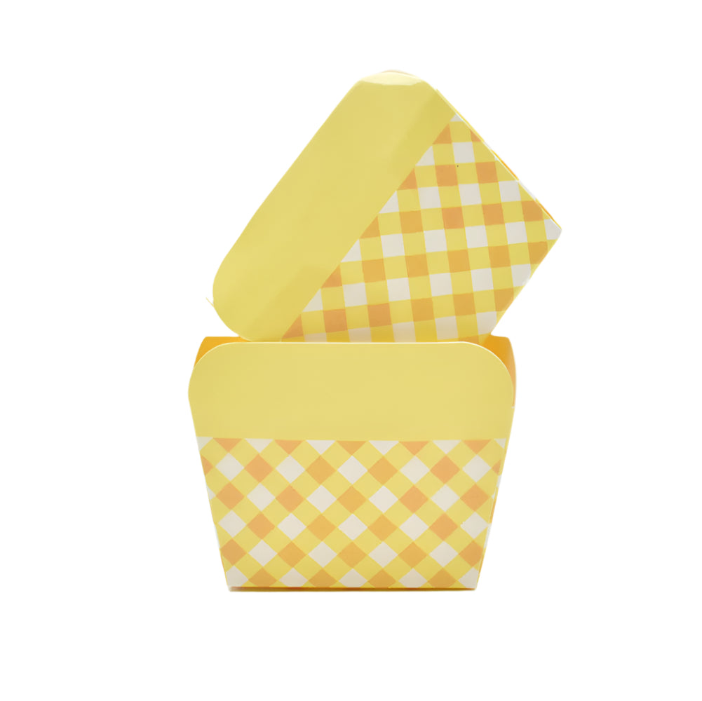 Two Small Yellow Checks Pattern Paper Muffin Cups – 100-Piece Pack upright with one angled on top on a white background.