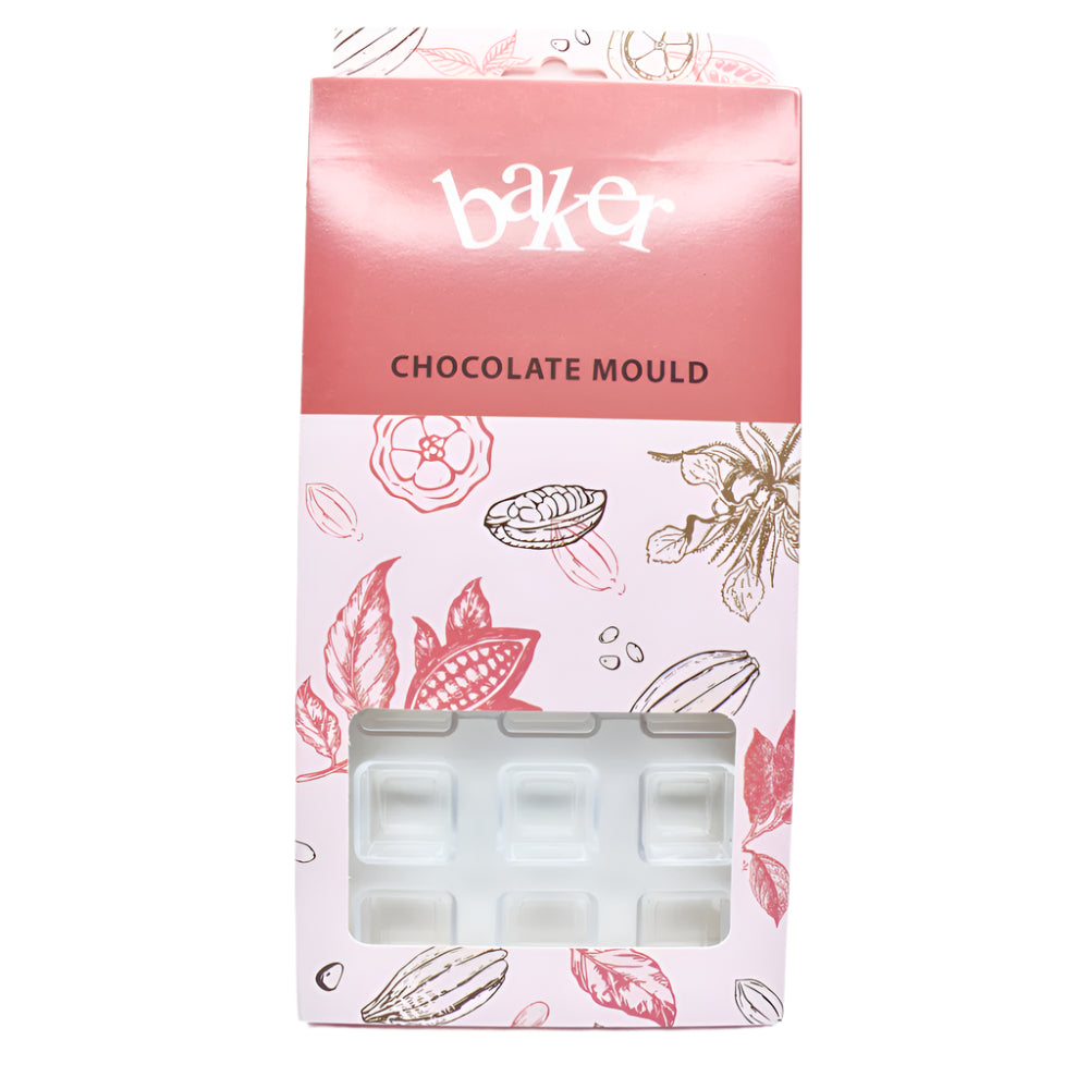 Square Shaped Polycarbonate Chocolate Mold in its packaging displayed on a white background for a clear view.