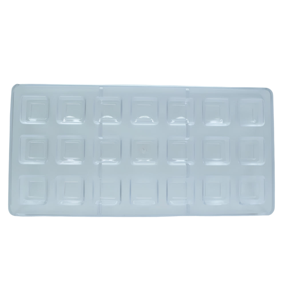 Square Shaped Polycarbonate Chocolate Bar Mold displayed on a clear white background for precise viewing of its shape and features.