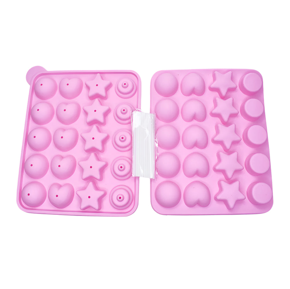 Pink Star & Heart Lollipop Chocolate Mold with one mold facing up, another facing down, and a packet of lollipop sticks on a white background.
