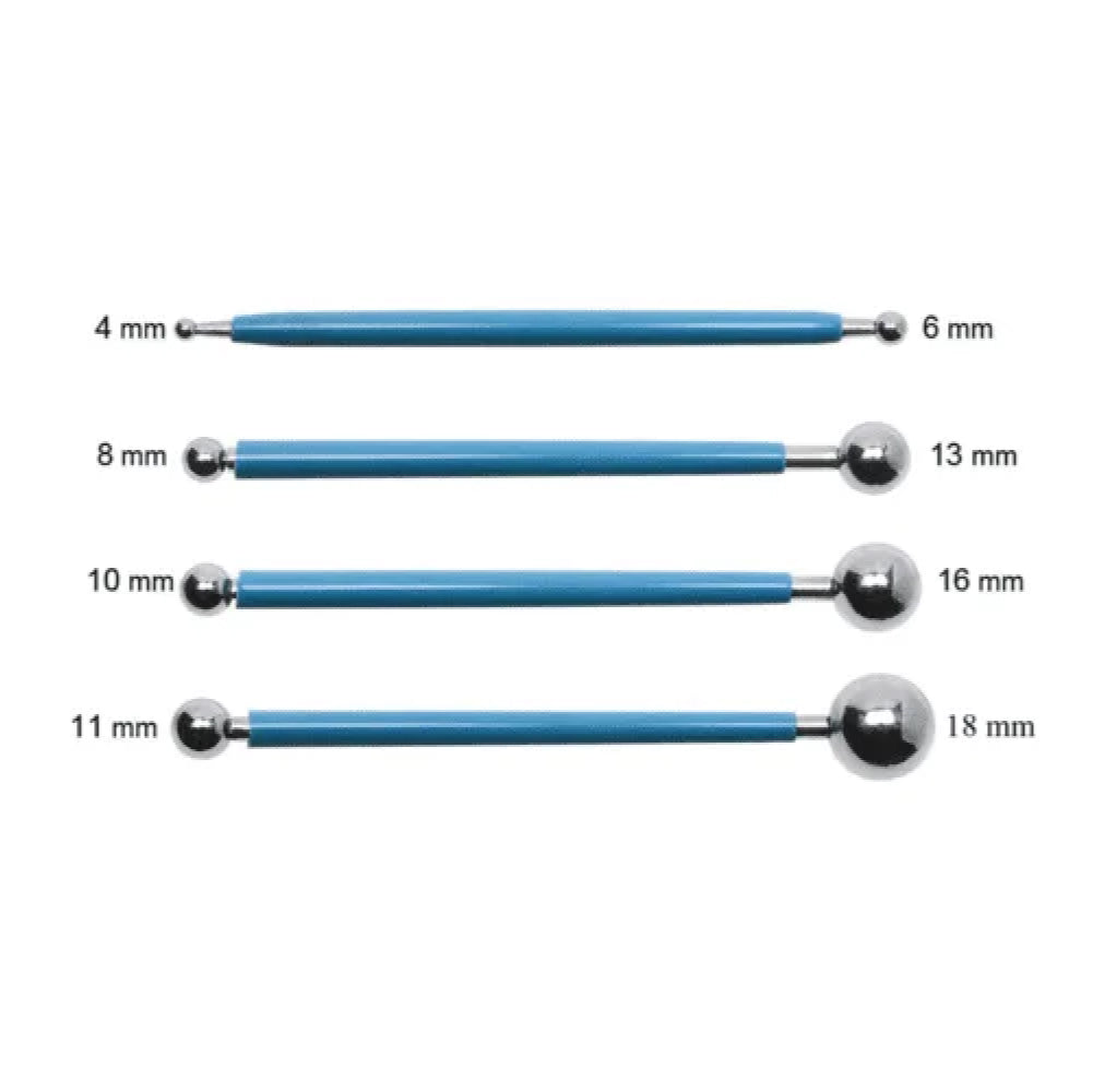 Close-up of the Steel Ball Tool 4 Pieces showing their measurements for precise size reference.
