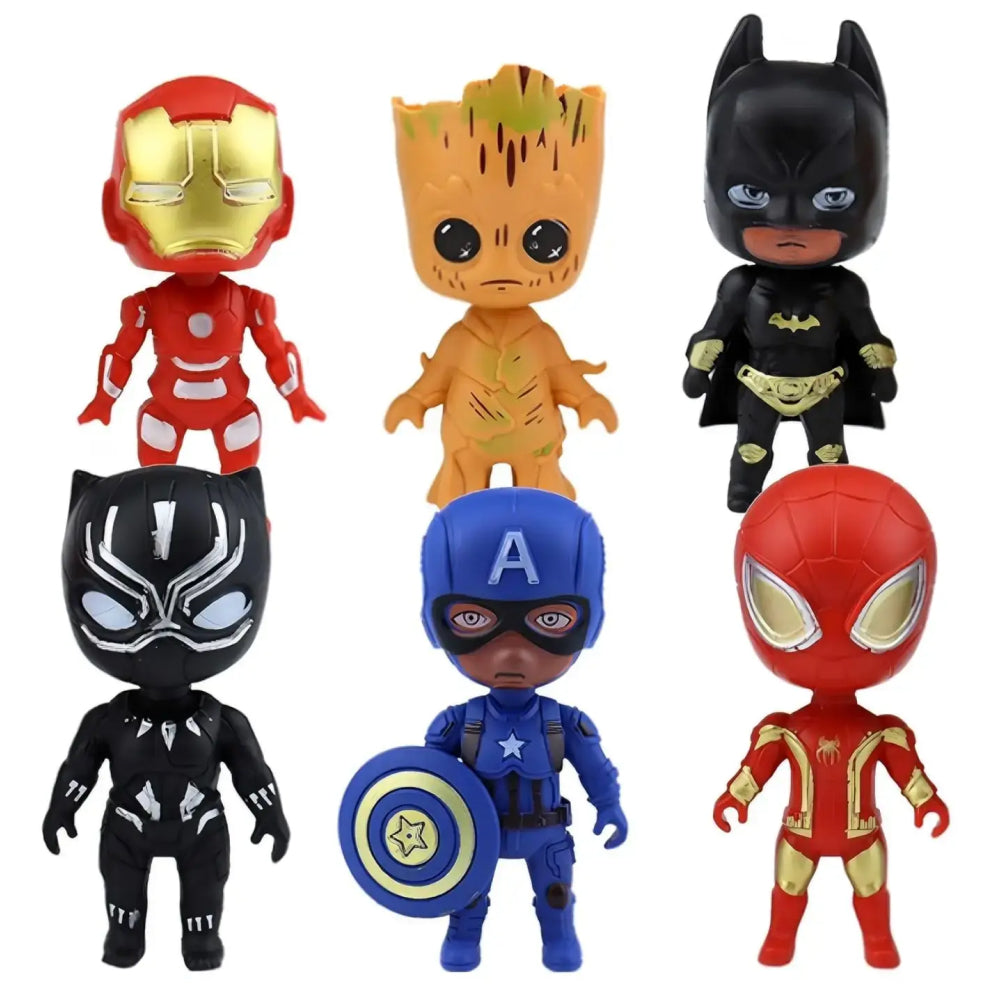 Set of 6 superhero miniature toppers including Groot, Black Panther, Iron Man, Spider-Man, Captain America, and Batman, perfect for birthday cake decoration, cake toppers, party favors, and themed dessert styling.