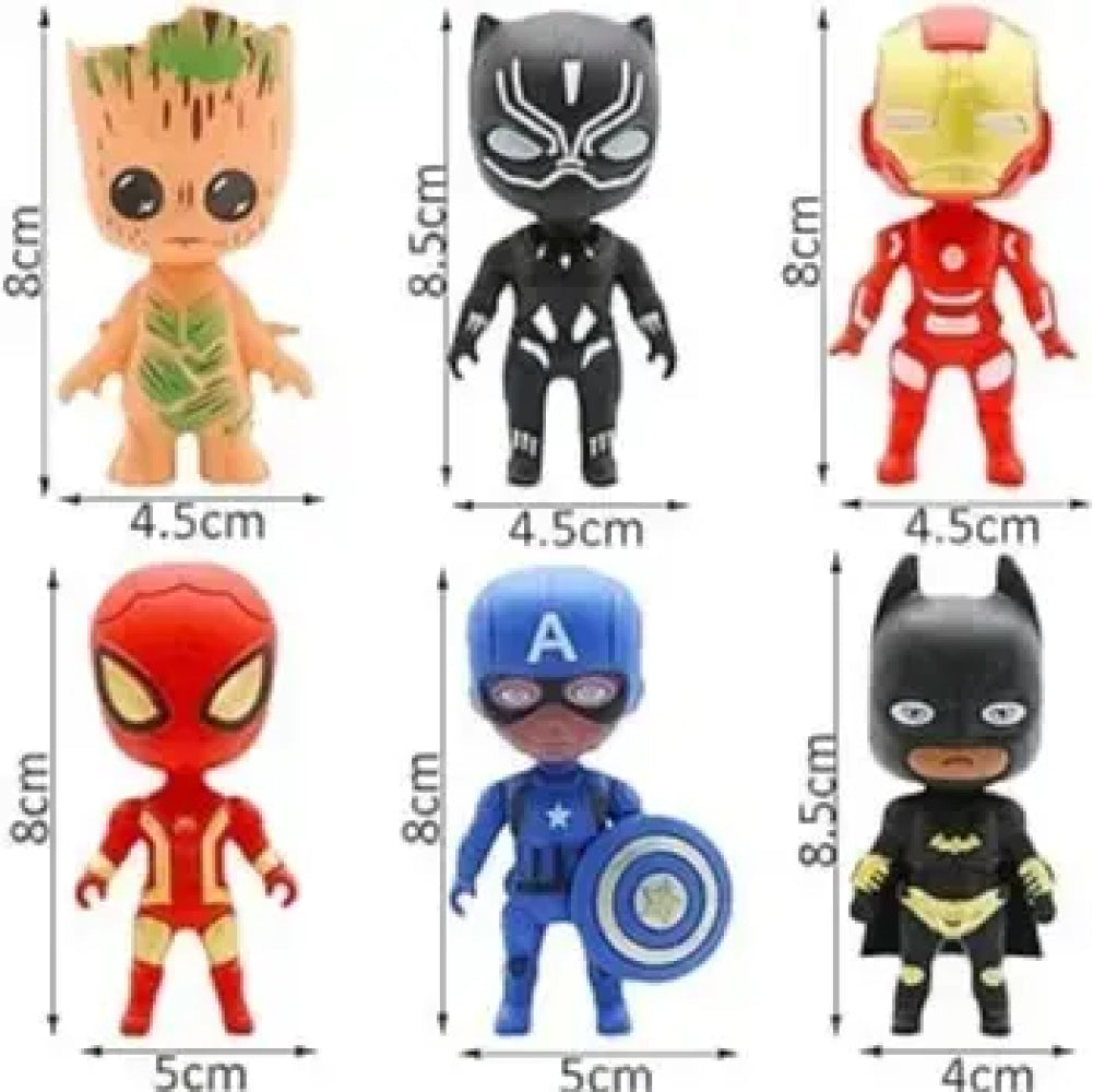 Set of 6 superhero miniature toppers including Groot, Black Panther, Iron Man, Spider-Man, Captain America, and Batman with size labels, perfect for birthday cake decoration, party favors, and themed dessert styling.