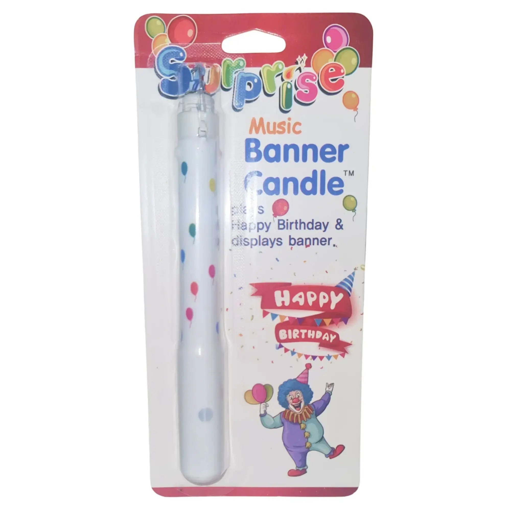 Music banner candle packaging with clown illustration on a white background
