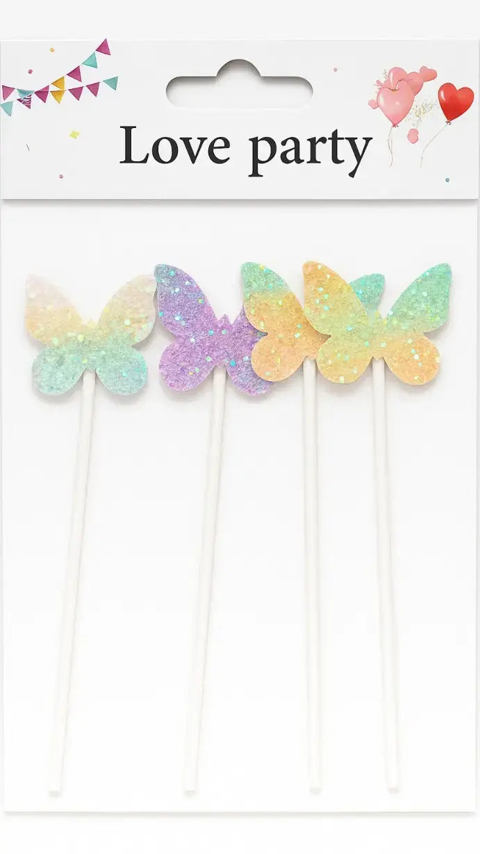 Glitter Butterfly Cake Topper Set – Rainbow Pastel Party Picks TPR208C