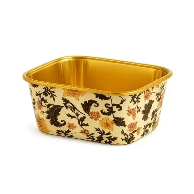 2603-1 CL017 Rectangle Floral Foil Cake Container With Lid – Golden Inner Tray Design Pack of 10