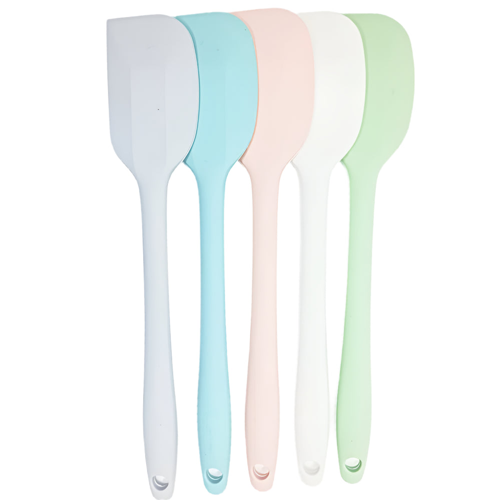 Image contains 5 different colored Ultra Big Silicone Spatulas (gray blue, pink, white, green) neatly arranged on a white background for clear visibility.
