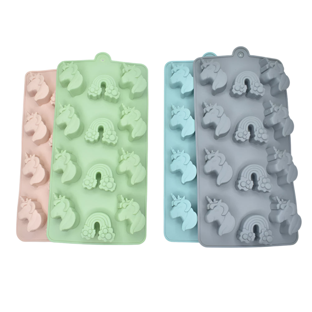 Unicorns & Rainbows Chocolate Molds in black, blue, green, and pink on white background for clear view