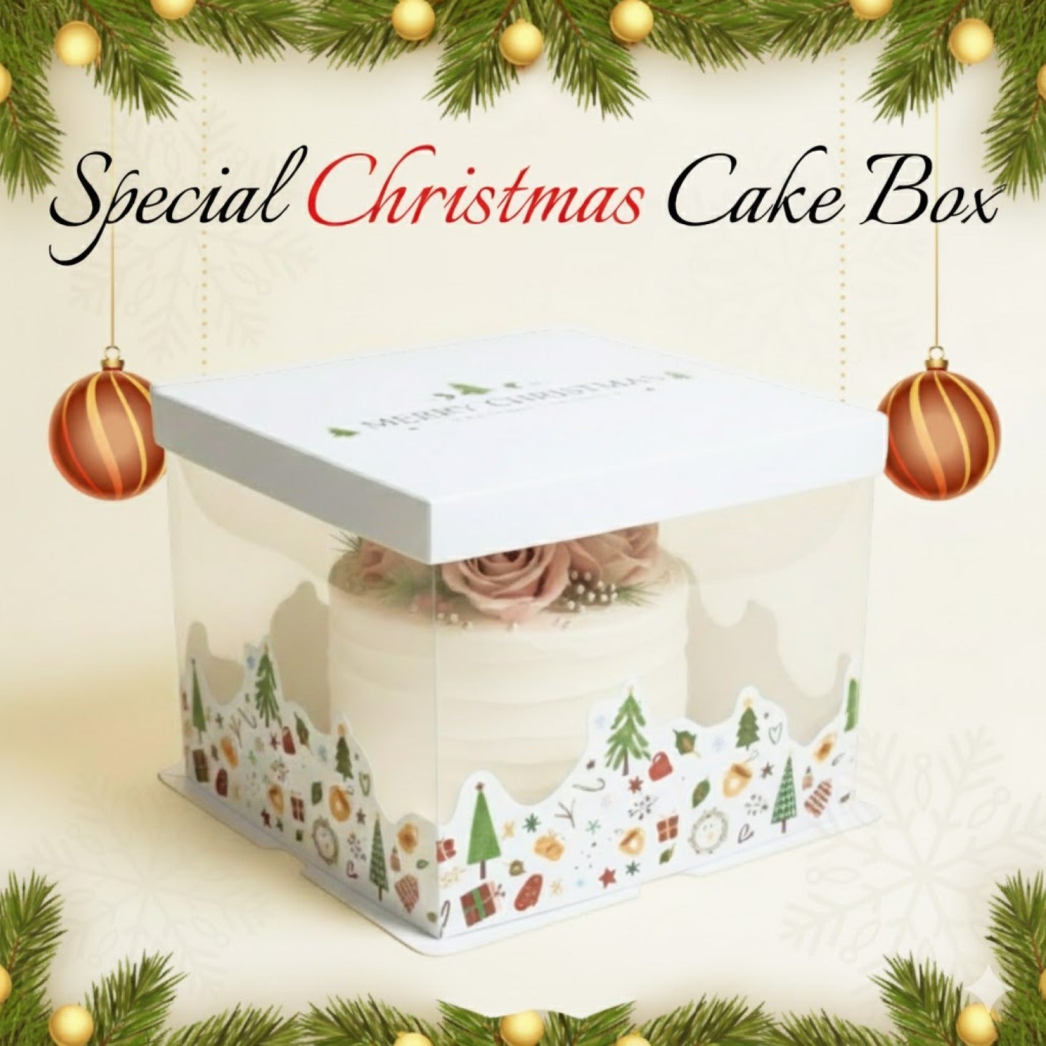 Premium Square Christmas Cake Box (CB041) - Clear View Display for Tiered & Large Holiday Cakes