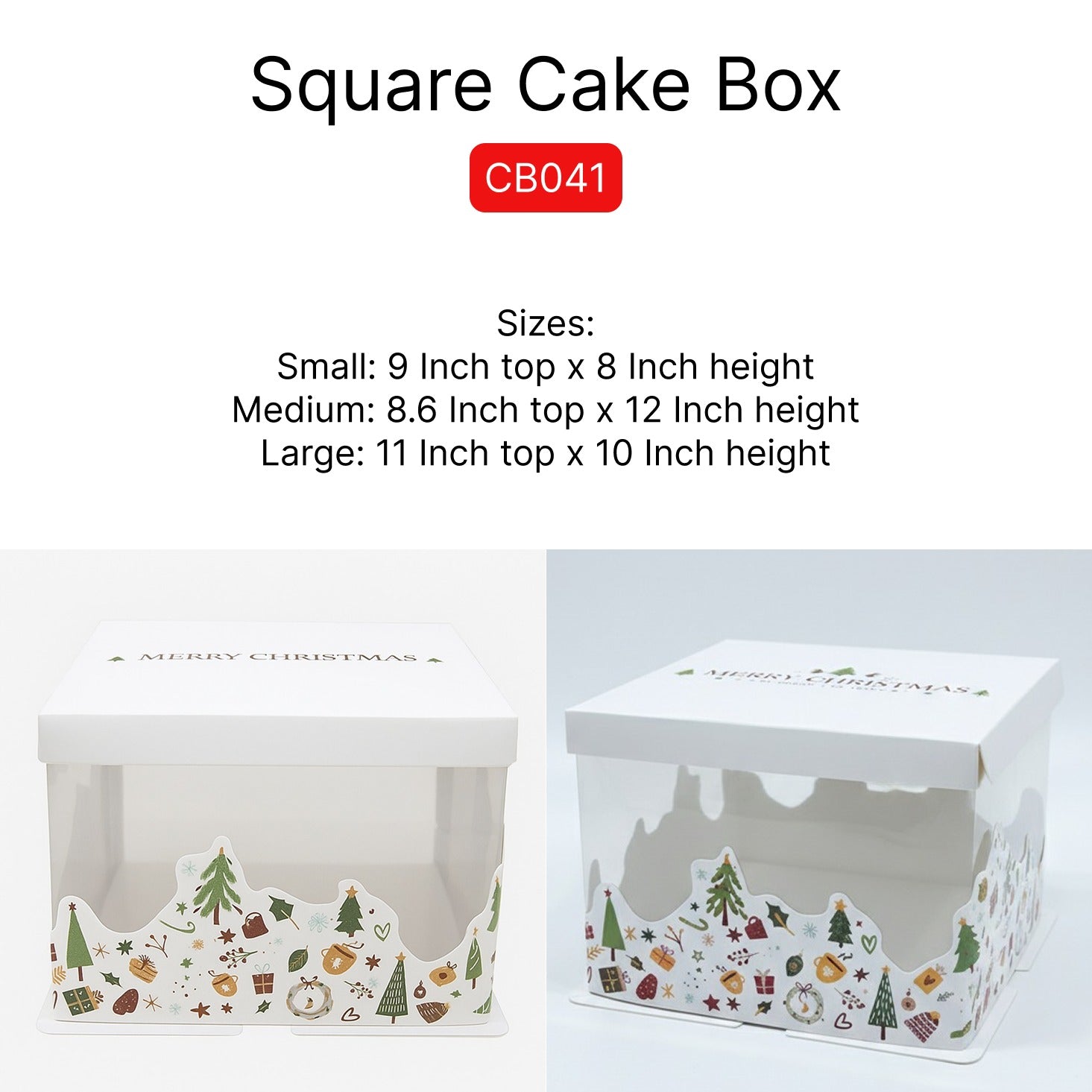 Premium Square Christmas Cake Box (CB041) - Clear View Display for Tiered & Large Holiday Cakes