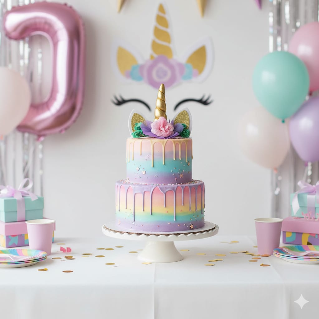 Unicorn Horn & Floral Cake Topper – Gold Glitter with Pink Flower|TPR131