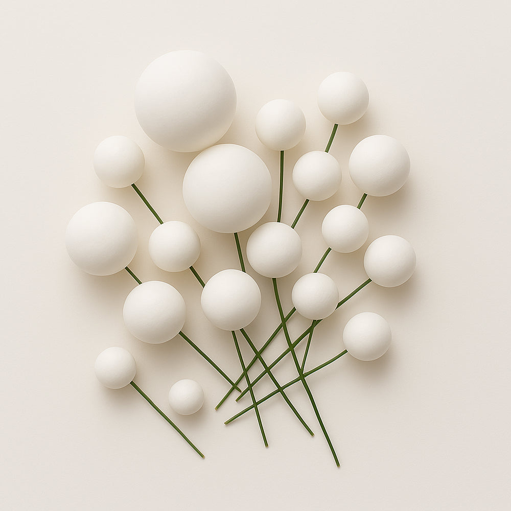 A set of White Matte decorative faux balls spread evenly on a white background, showcasing their color and texture for cake decoration.