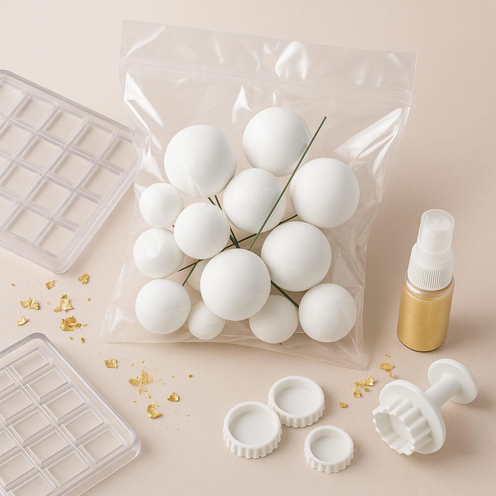 Decorative faux balls displayed on a table in its packet with Polycarbonate Chocolate Molds (Moulds) and Fondant Cutters in the corner, perfect for creative cake decorating.