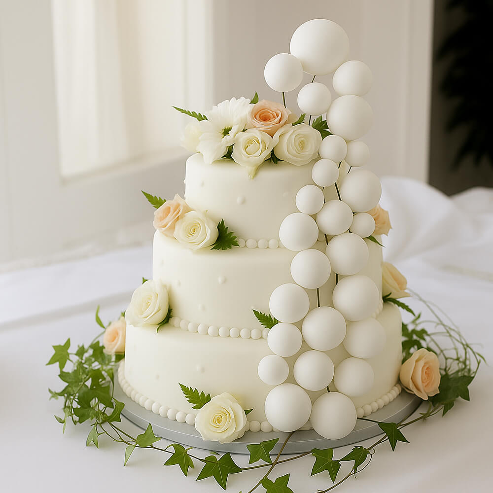 White Matte Faux balls used as elegant cake toppers, adding a stylish touch to a finished cake for parties and celebrations.