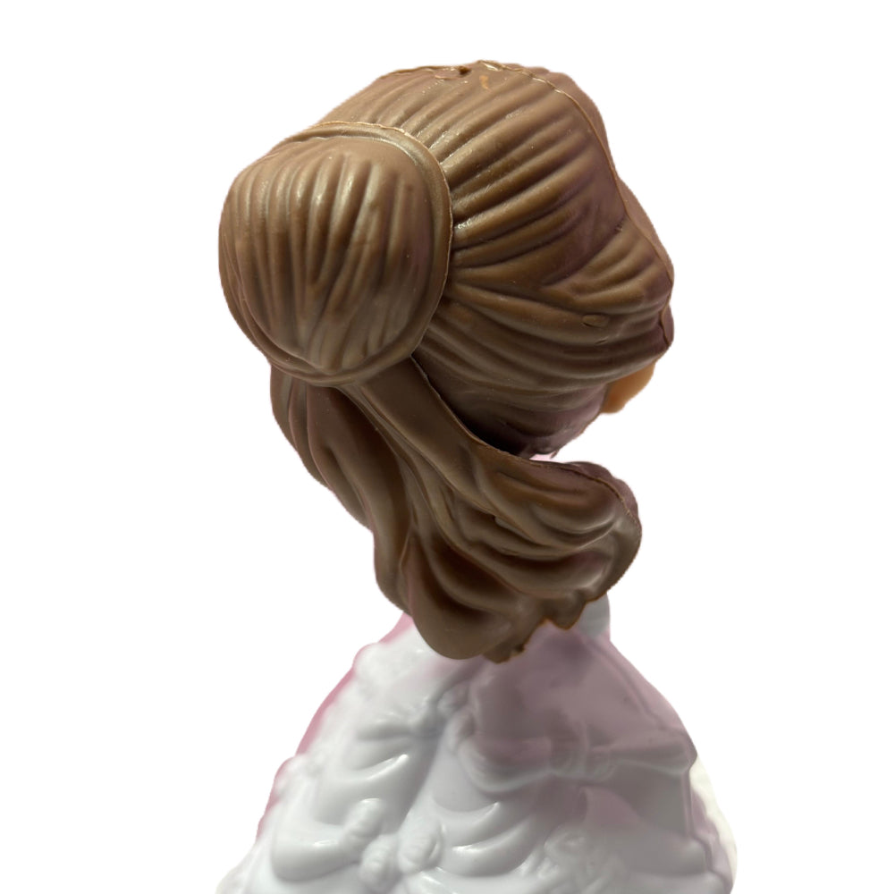 Back view of White Wedding Gown Doll Cake Topper showing brown hair on white background