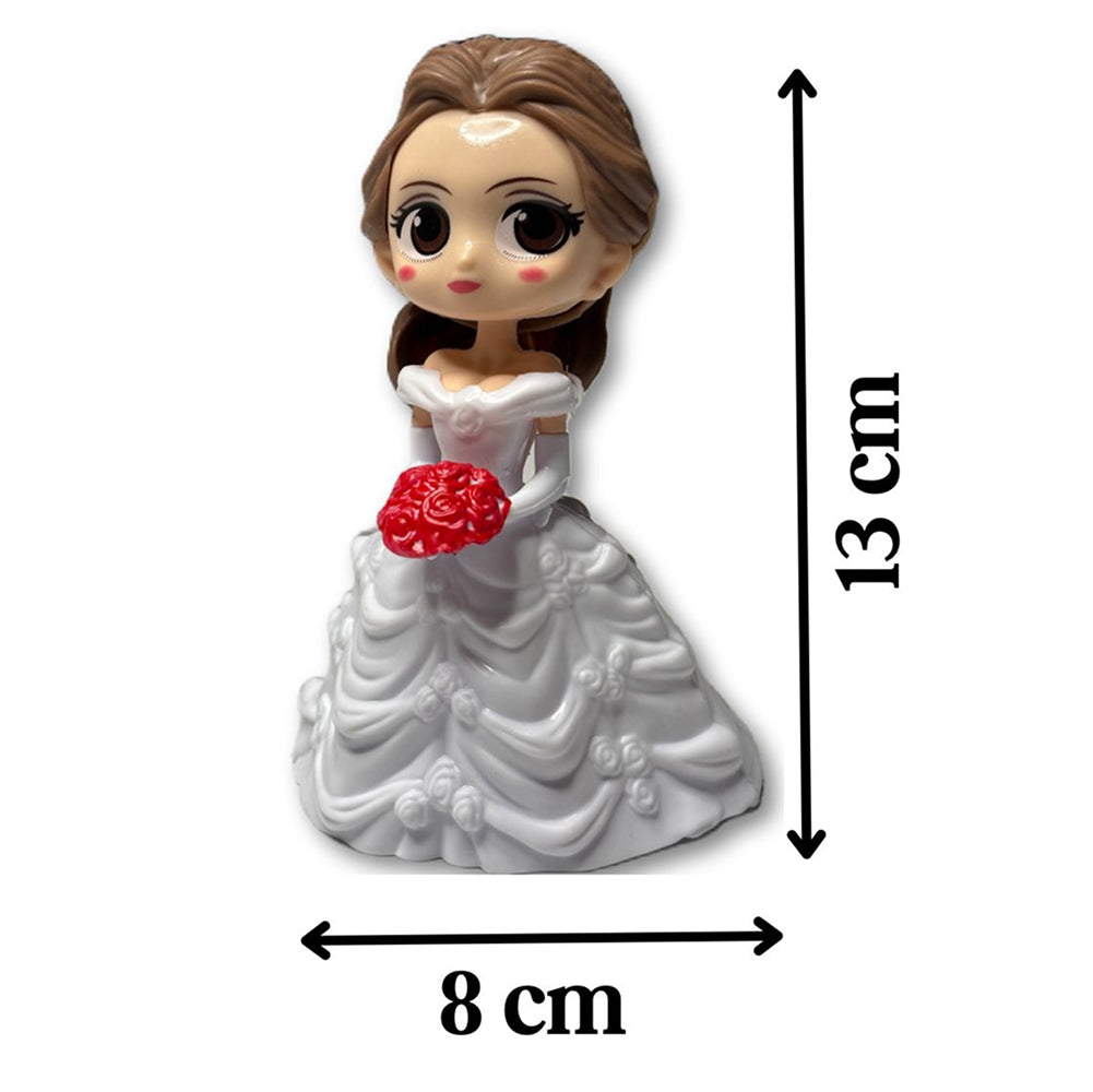 White Wedding Gown Doll Cake Topper with size display on white background