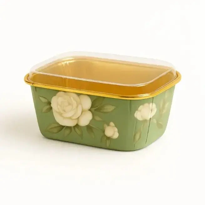 2603-1 CL017 Rectangle Floral Foil Cake Container With Lid – Golden Inner Tray Design Pack of 10