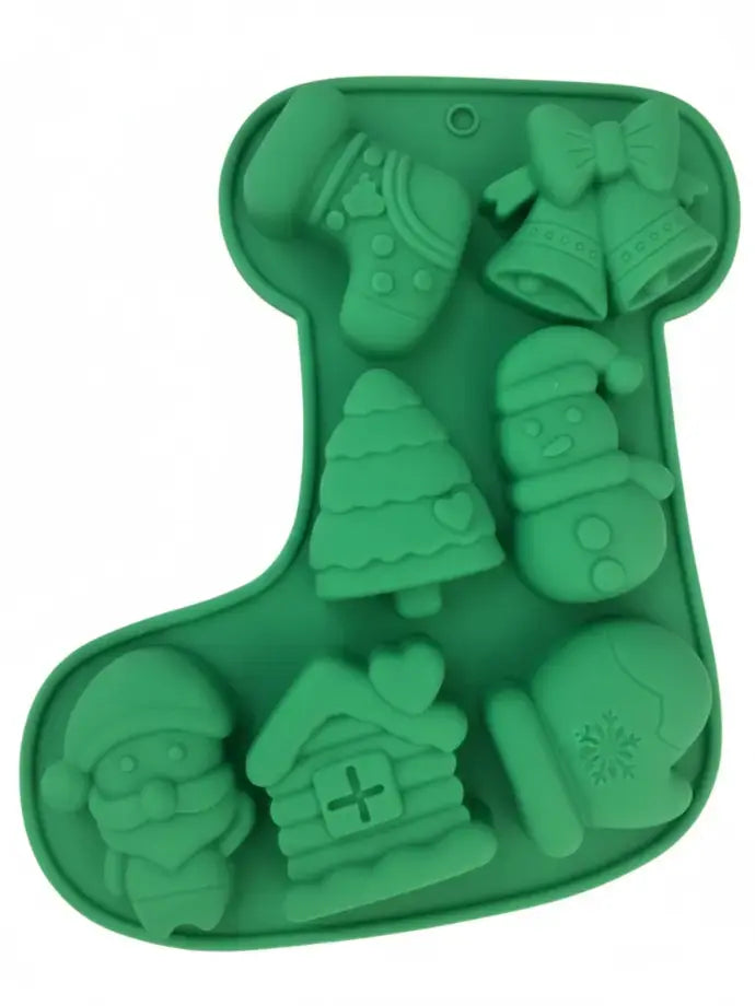 7-Cavity Christmas Stocking Shaped Mold – Santa, Tree, Snowman & Bell Elements | CM005