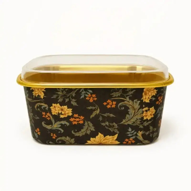 2603-1 CL017 Rectangle Floral Foil Cake Container With Lid – Golden Inner Tray Design Pack of 10
