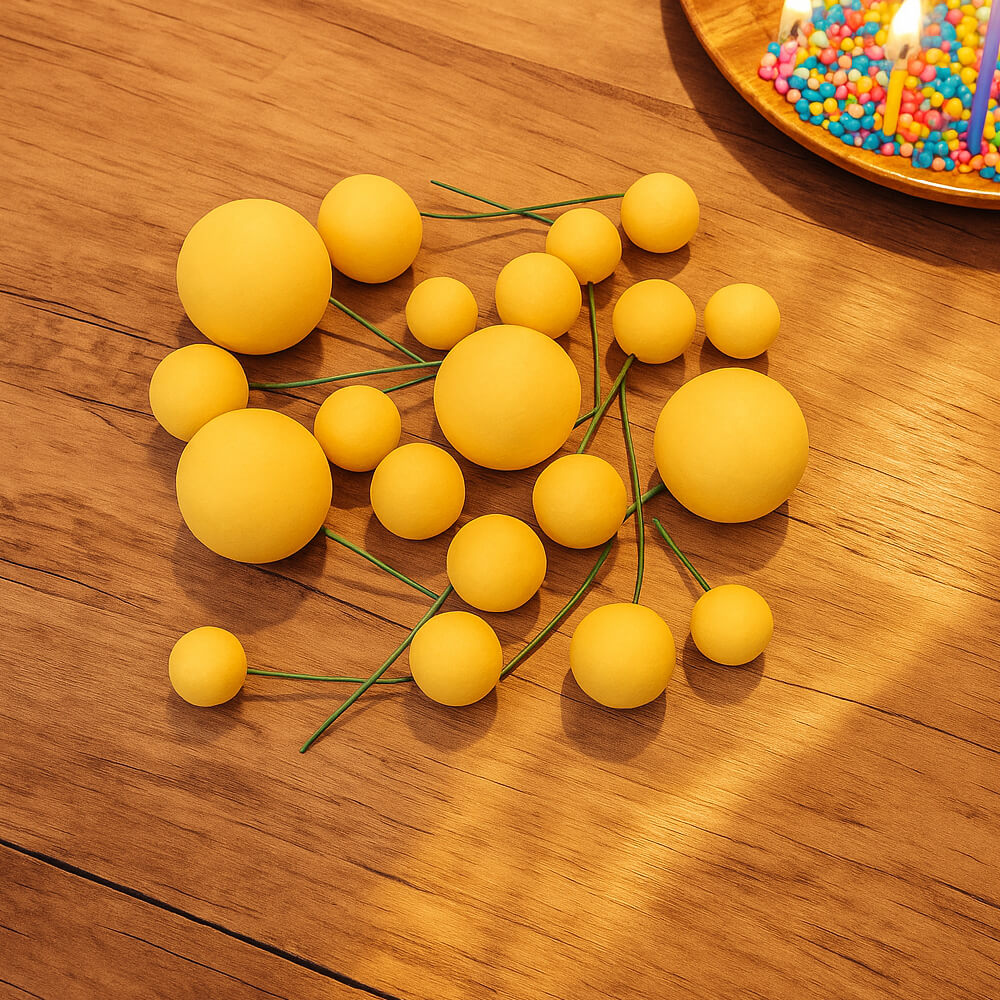 Yellow Matte Decorative faux balls displayed on a table with a bowl of colorful sprinkles in the corner, perfect for creative cake decorating.
