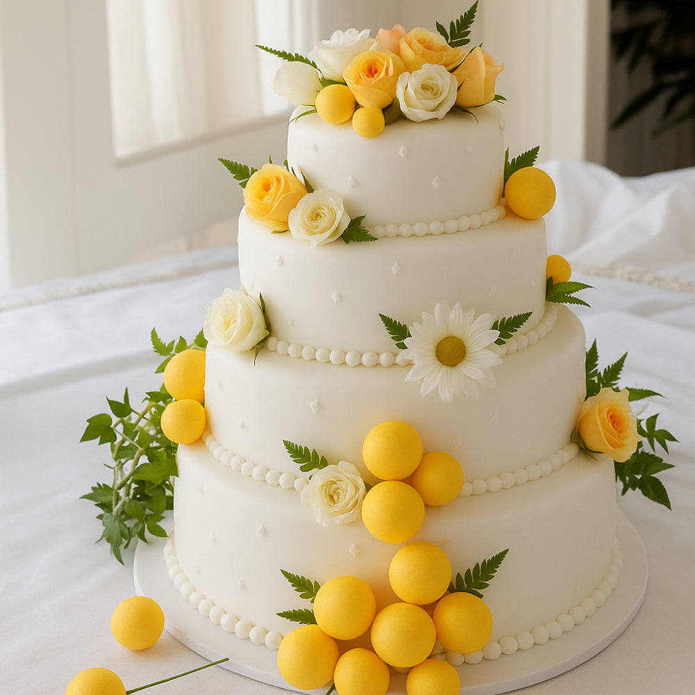Yellow Matte Faux balls used as elegant cake toppers, adding a stylish touch to a finished cake for parties and celebrations.