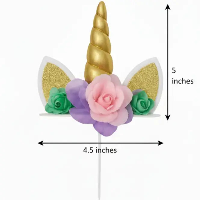 Unicorn Horn & Floral Cake Topper – Gold Glitter with Pink Flower|TPR131