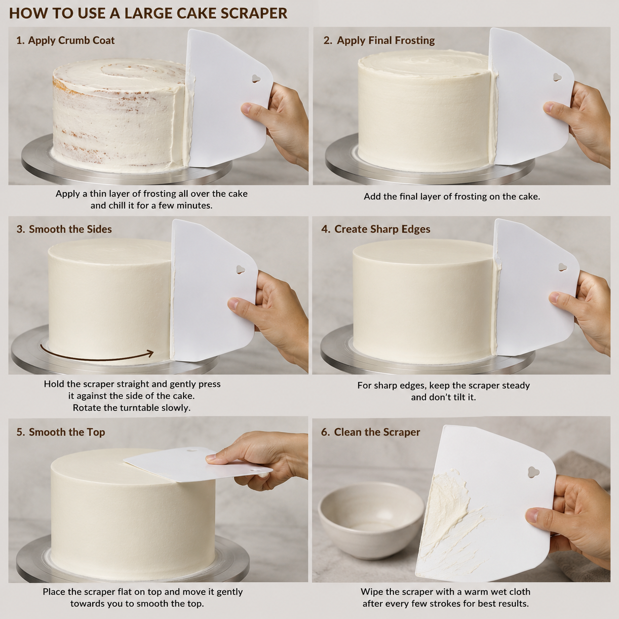 Step-by-step guide on how to use a large cake scraper with images of a cake being decorated.
