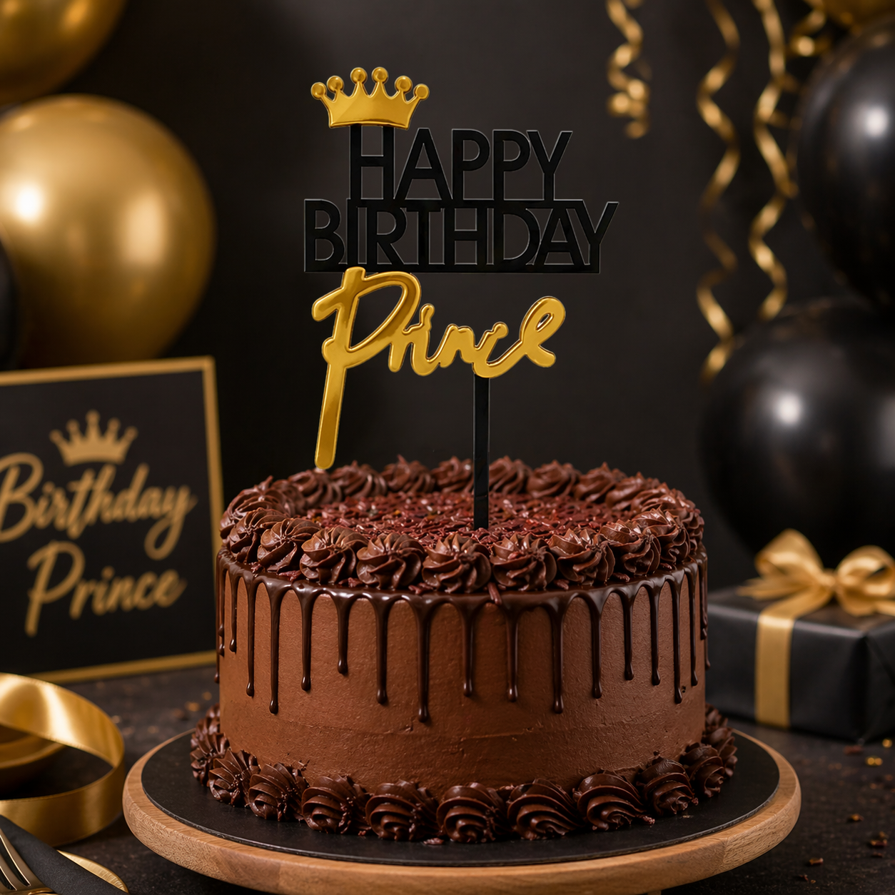 Chocolate birthday cake with 'Happy Birthday Prince' topper against a black background with balloons and gift.