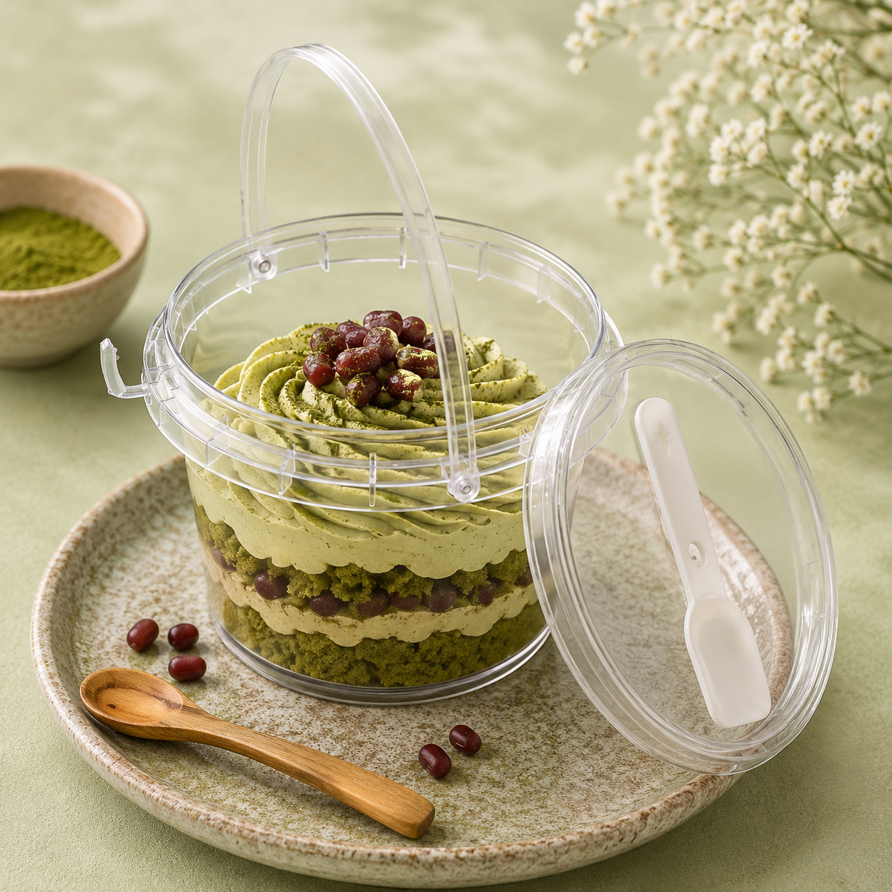 Green layered dessert in a transparent container with a wooden spoon on a light green background