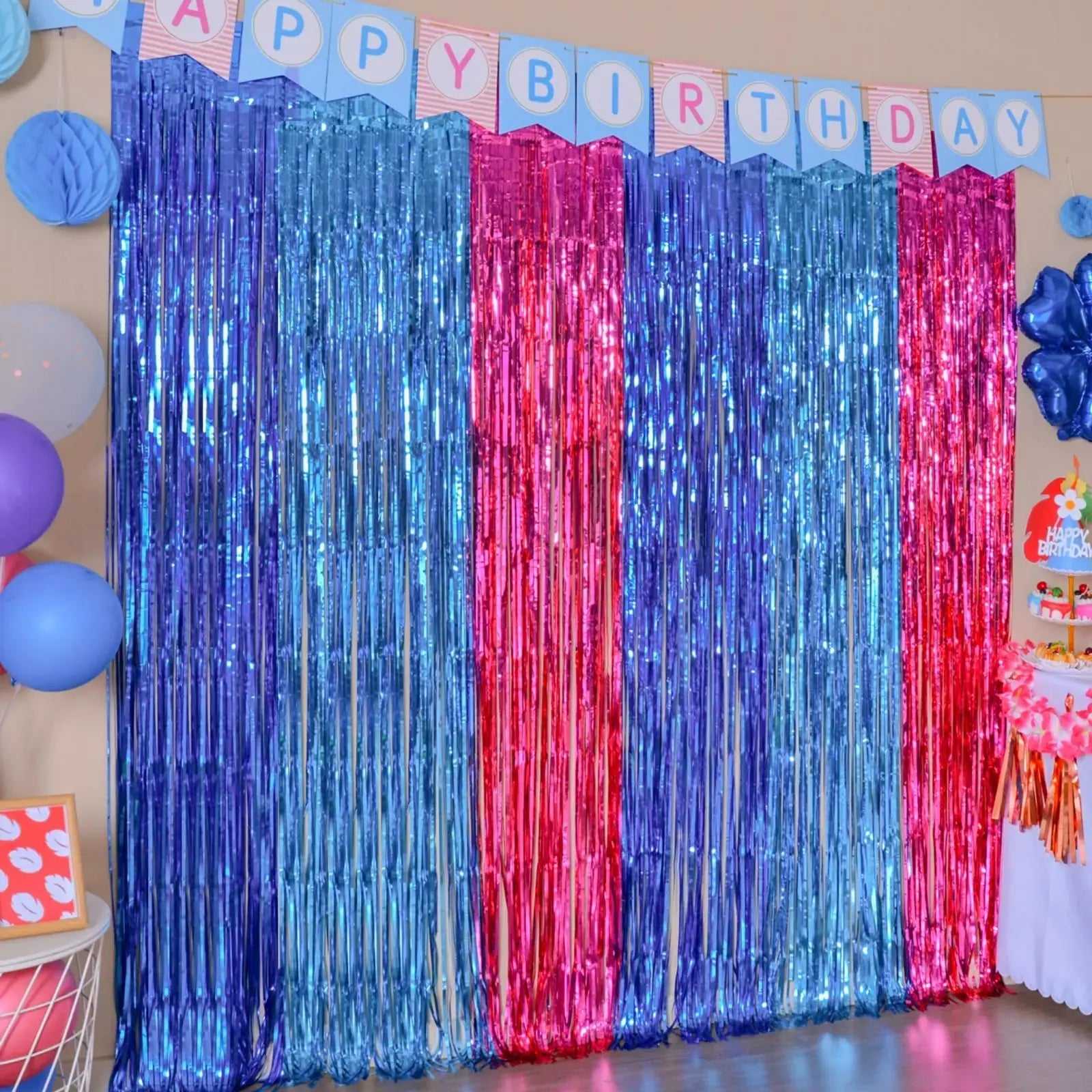 Pink & Light Blue Foil Fringe Curtain TPR167