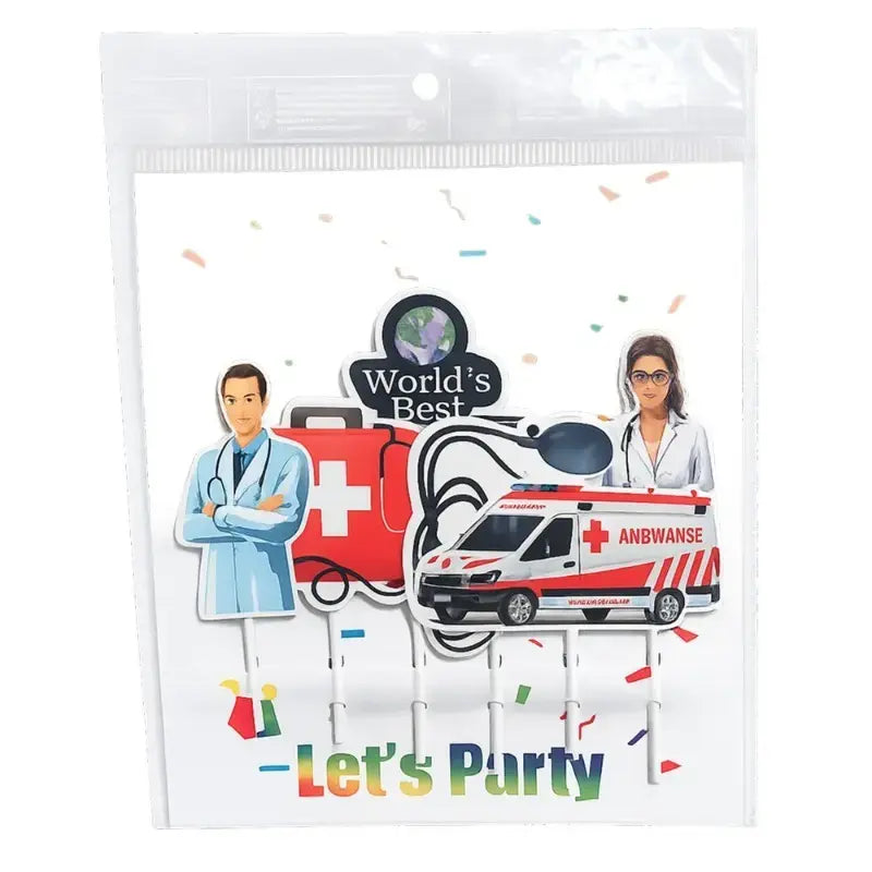 Packaged party supplies with medical-themed decorations including an ambulance, doctors, and confetti.