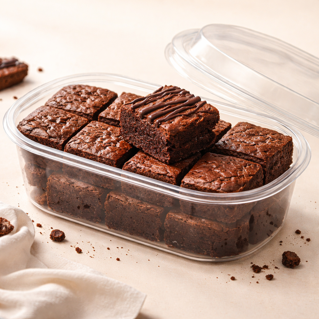 Container of brownies with a clear lid on a light background