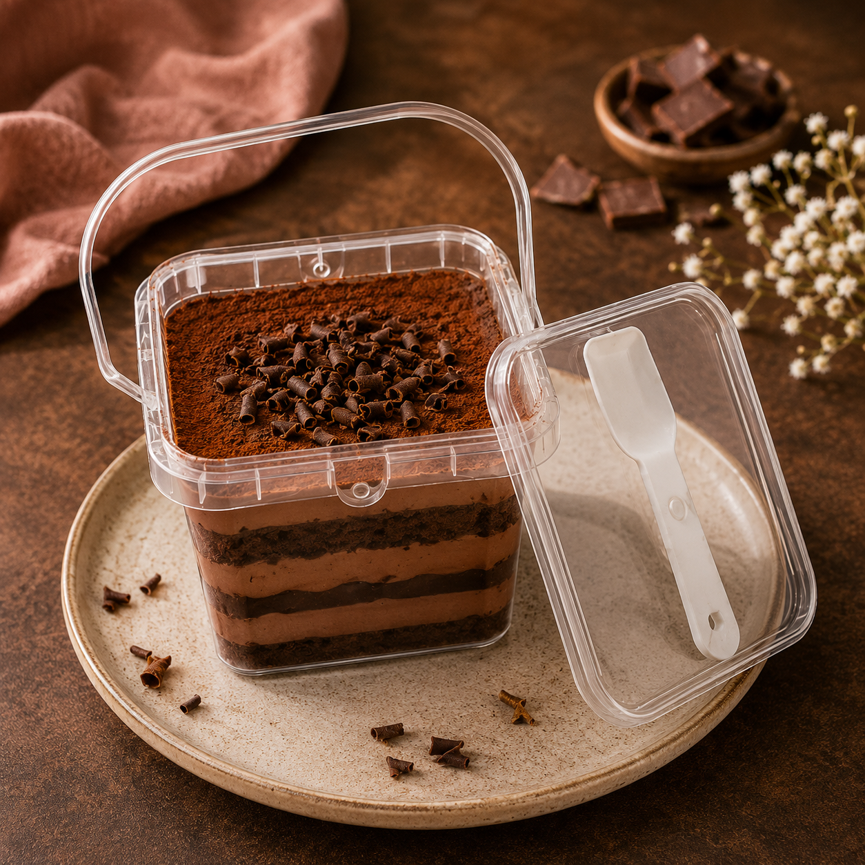 Layered chocolate dessert in a transparent container with a spoon on a rustic surface.