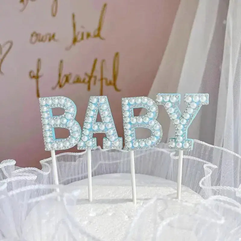 Silver Pearls Baby Letters Cake Topper TPR046