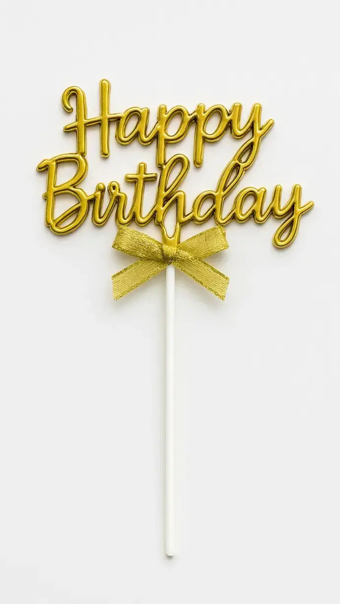 Golden Happy Birthday Topper with Ribbon – Elegant Cake Topper (Pack of 10) TPR202B