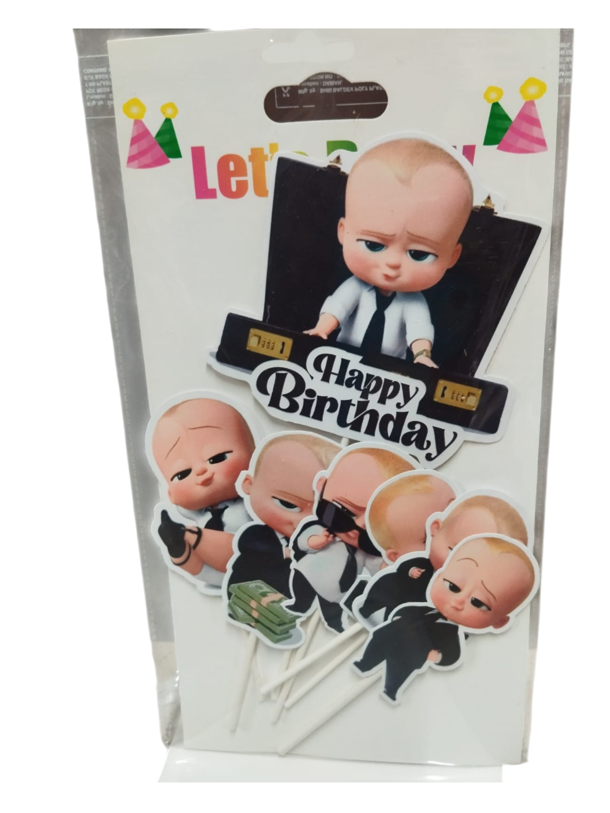 Packaging of a toy with 'Happy Birthday' text and cartoon characters on a white background
