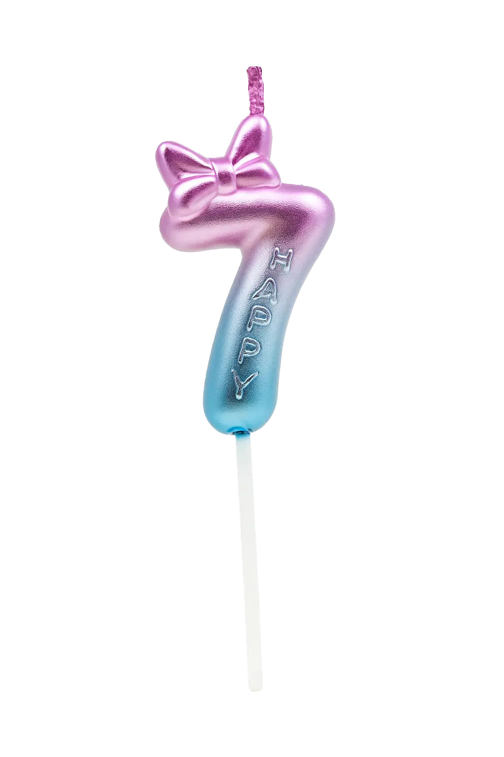 Pink and blue number 7 candle with a bow on a white background