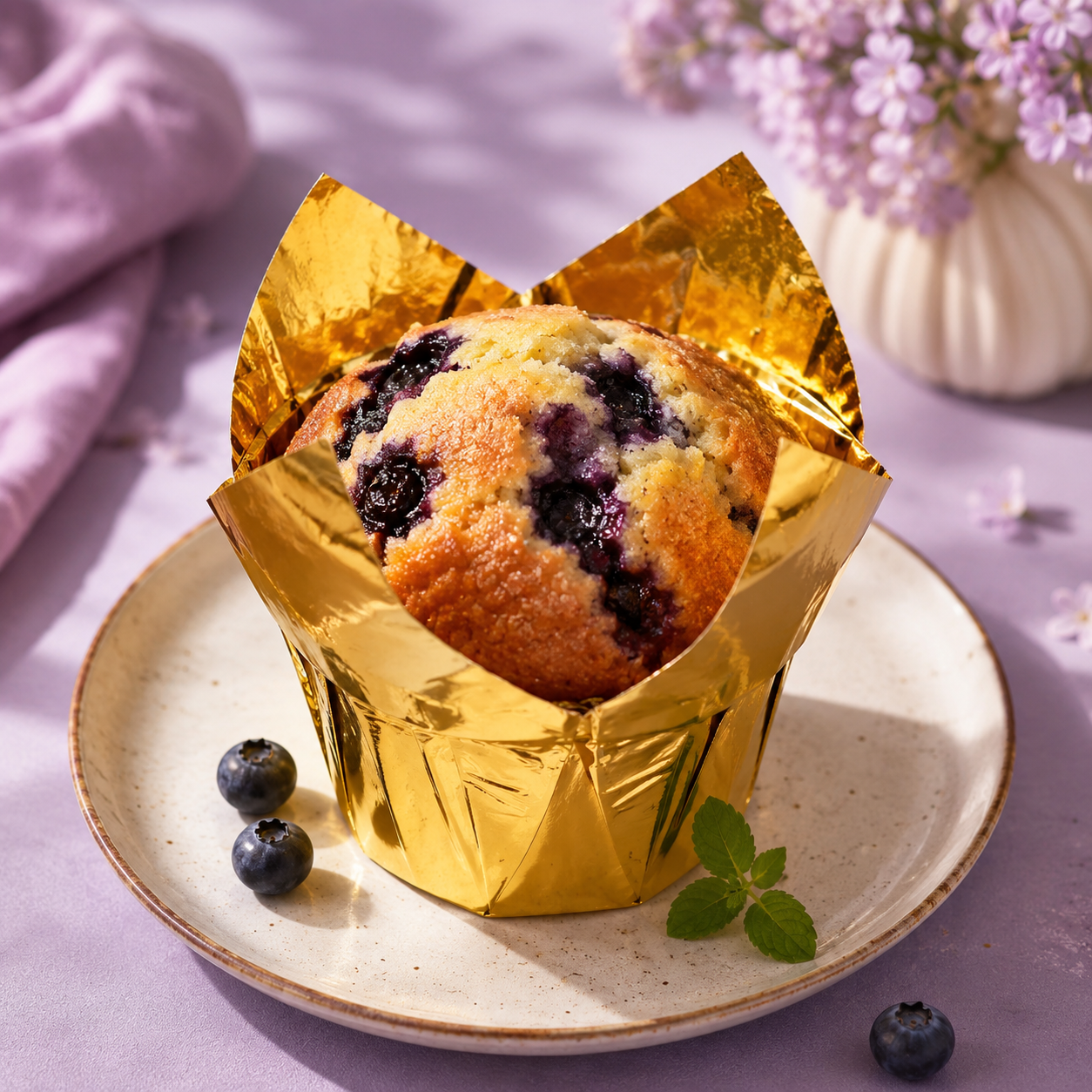 Blueberry muffin in gold Premium Paper on a white plate with a purple background