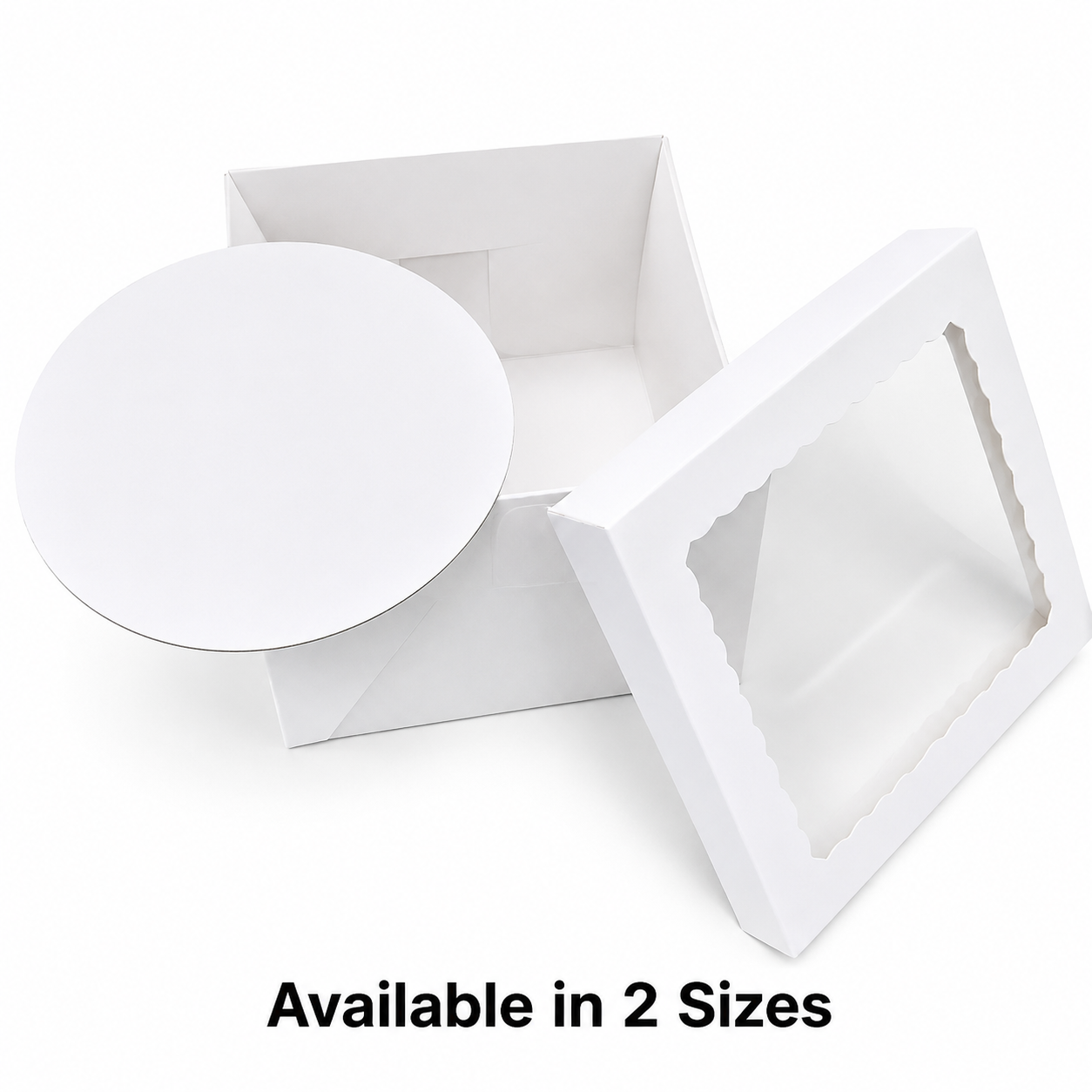 White cardboard boxes with clear window on a white background