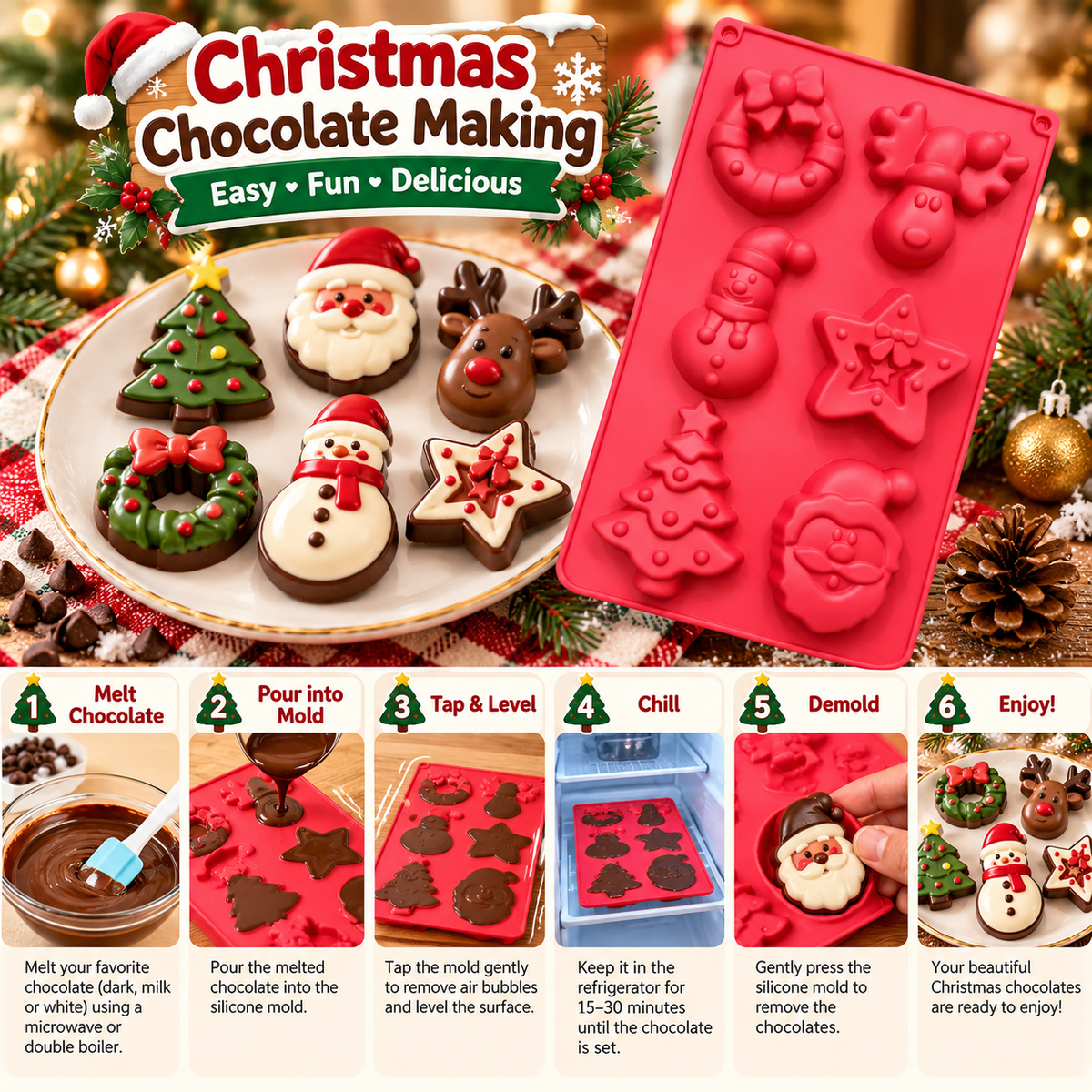CM284 Christmas Theme 6 Cavity Silicone Chocolate & Cake Mould – Santa, Snowman, Reindeer, Christmas Tree,Star & Wreath