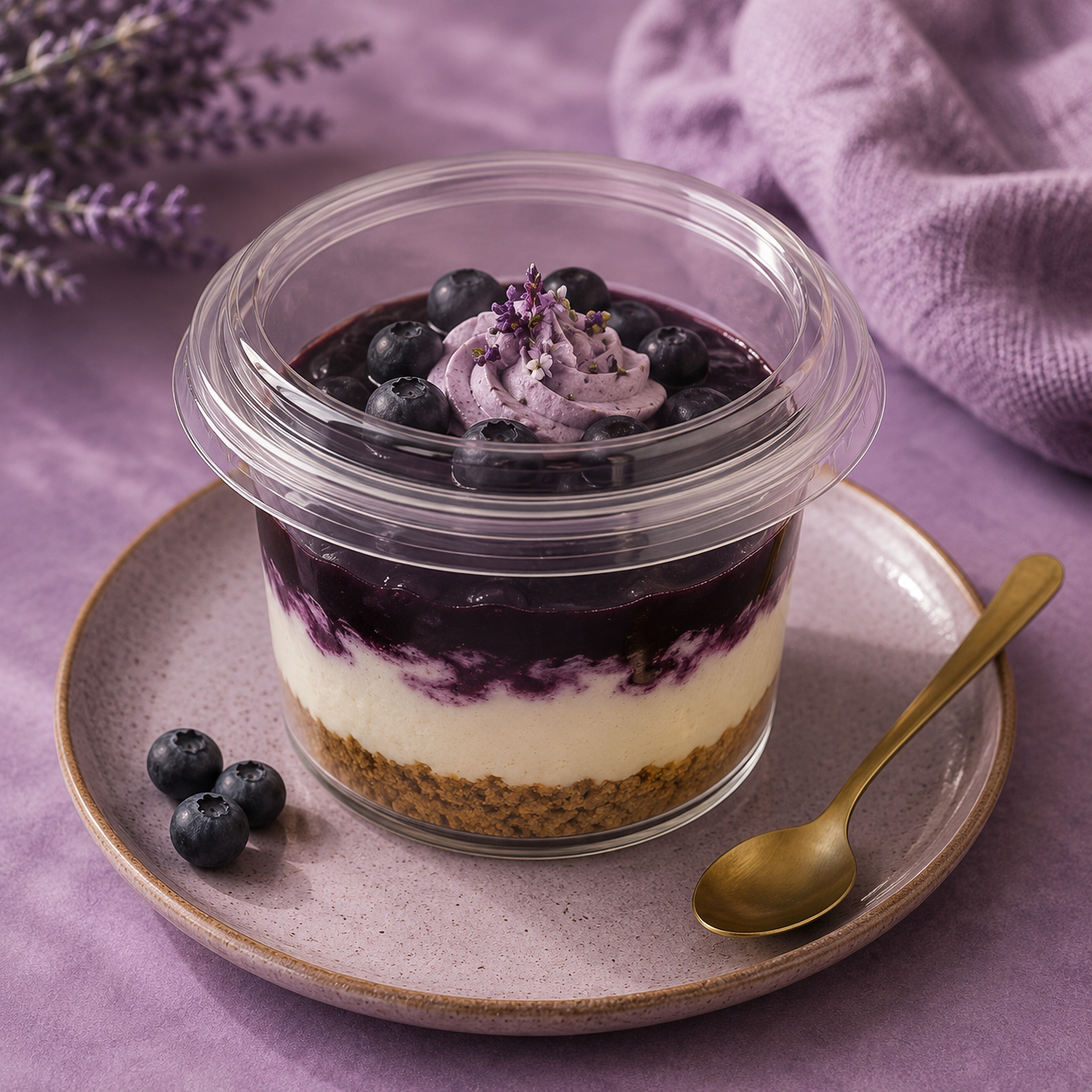 Layered dessert in a clear container on a purple plate with lavender in the background
