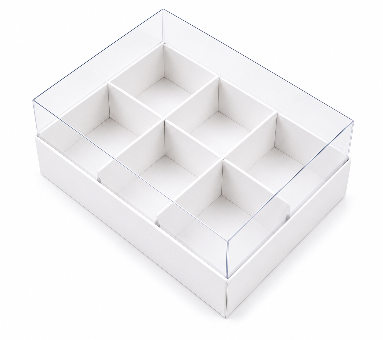 White six-compartment organizer with clear Plastic lid on a white background
