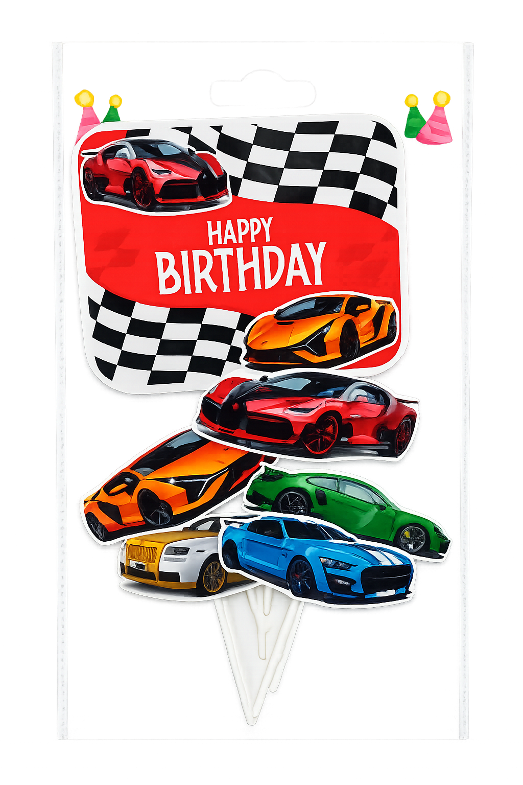 Cake topper with colorful cars and checkered flag on a white background