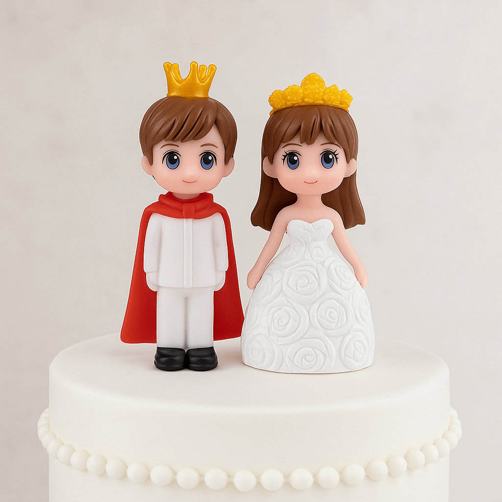 Wedding cake toppers with a king and queen figure on a white background