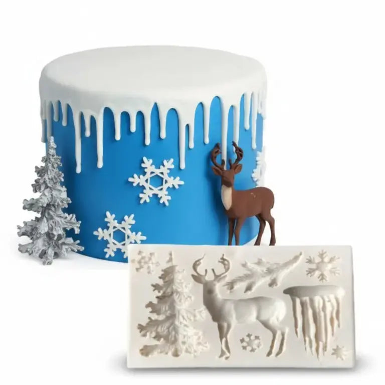 5-in-1 Winter Scene Silicone Mold – Reindeer, Pine Tree, Icicles & Snowflakes | FM161