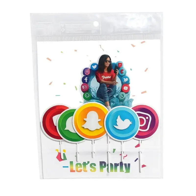 Packaged product with colorful social media icons and a person in a red shirt, labeled 'Let's Party'.