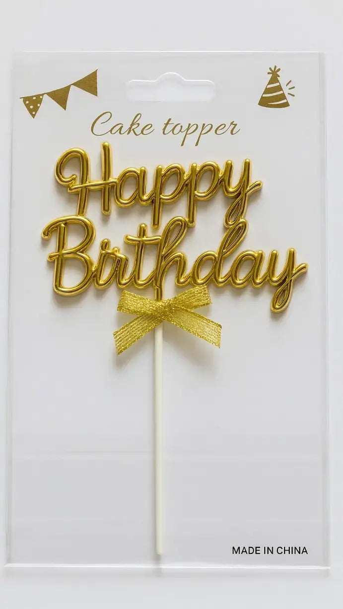 Golden Happy Birthday Topper with Ribbon – Elegant Cake Topper (Pack of 10) TPR202B