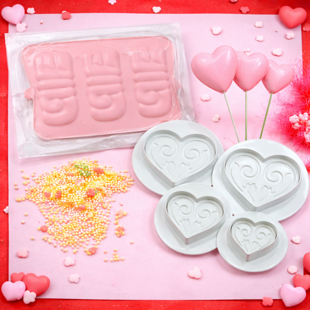 Pink silicone chocolate mold with 'LOVE' text, heart-shaped faux balls, heart shape fondant plunger cutter and decorative elements on a red background.