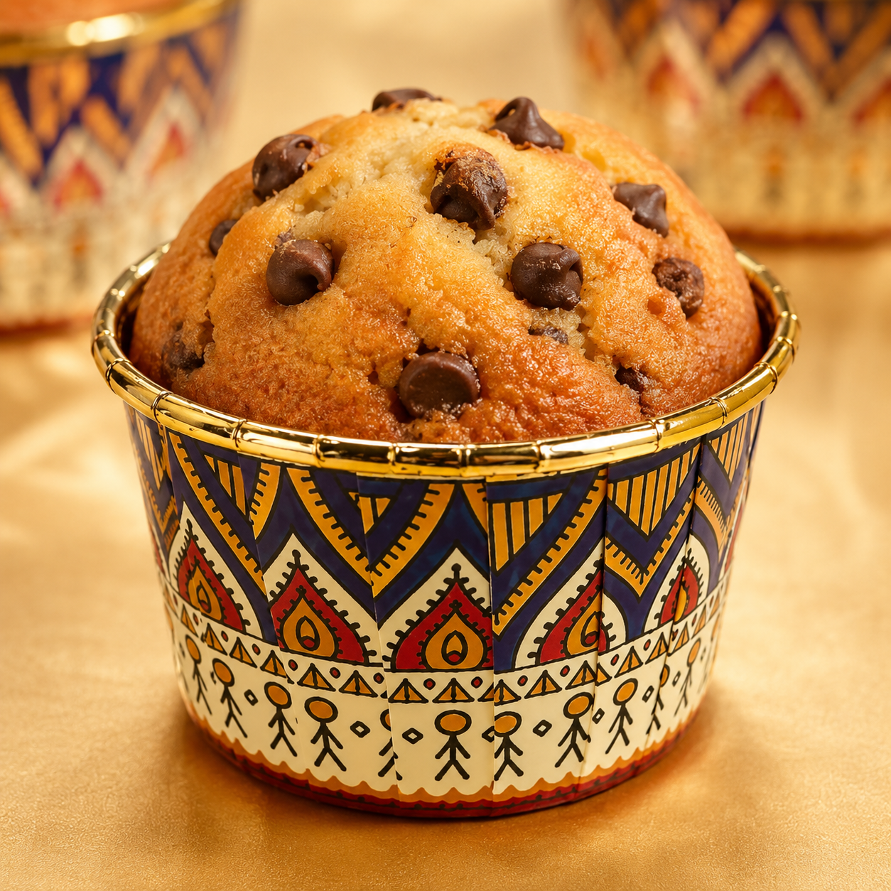 Chocolate chip muffin Cup in a decorative cup on a gold surface