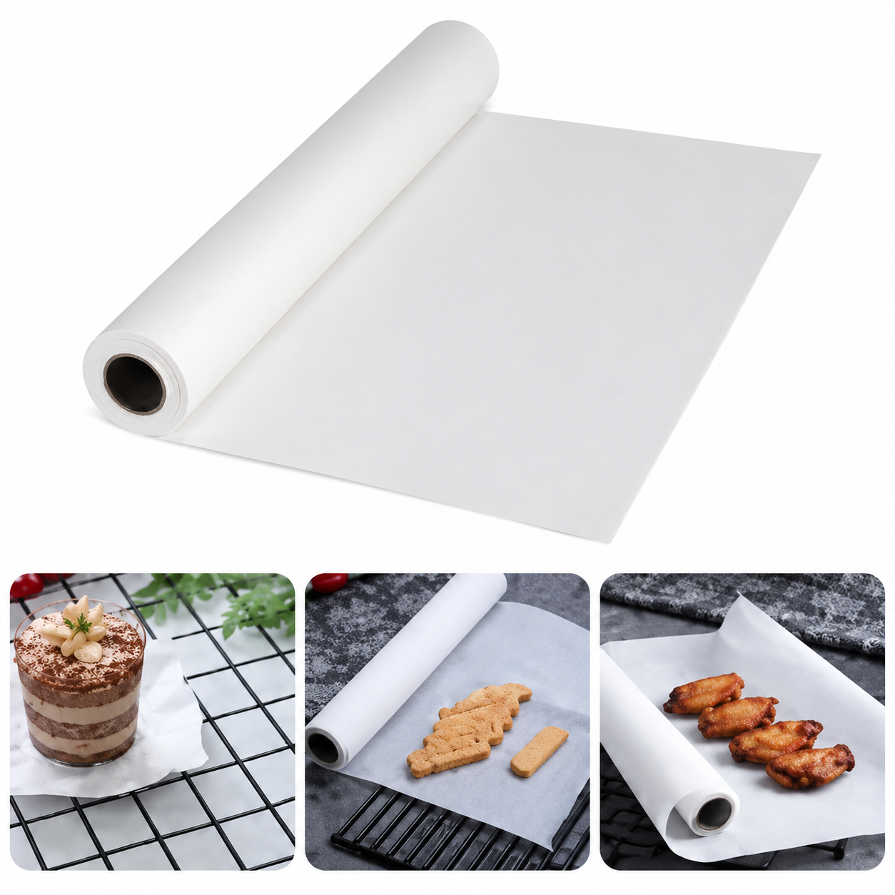 Roll of white paper with food items on a white background